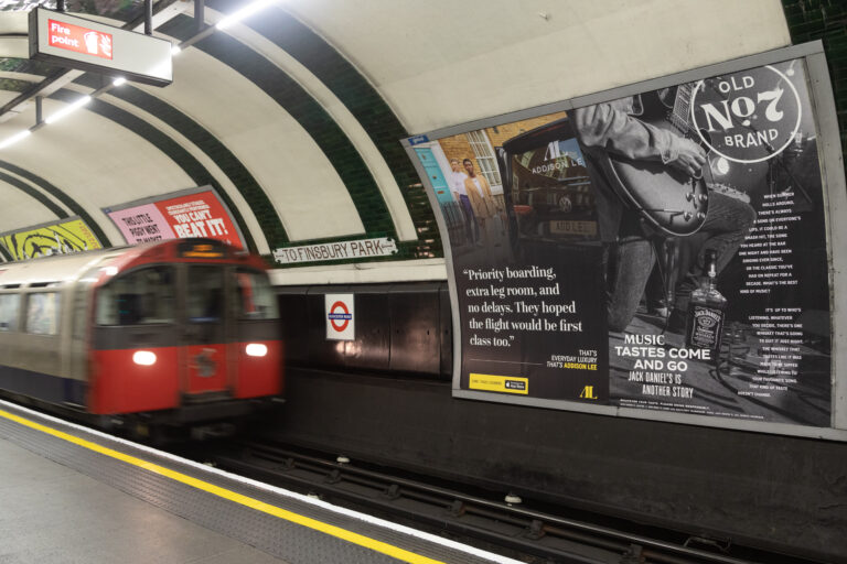 An example of cross-track advertising on the London Underground.