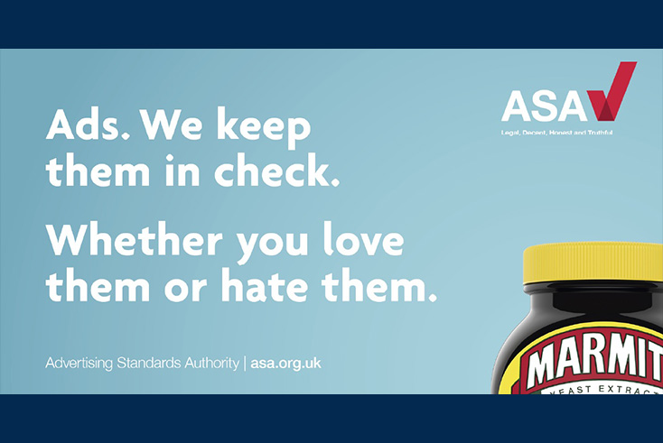 The image is an advertisement from the Advertising Standards Authority (ASA) about checking the truthfulness of ads, whether viewers love or hate them. The key text states "Ads. We keep them in check. Whether you love them or hate them." The ASA logo is displayed, along with a jar of Marmite, a product known for provoking strong reactions.