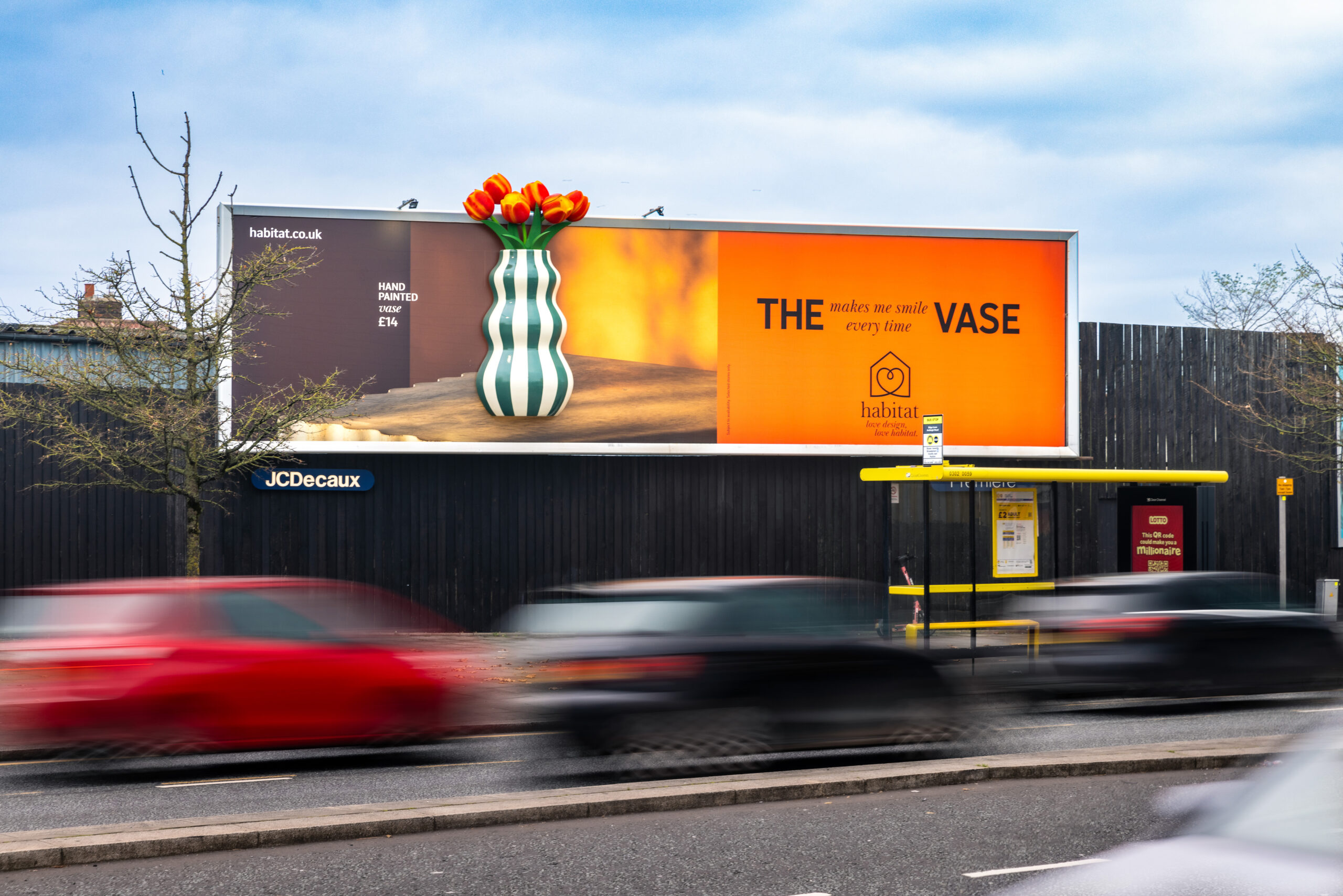 An example of a 3D billboard and special build for Habitat which features a large 3D vase attached to a traditional paper billboard.